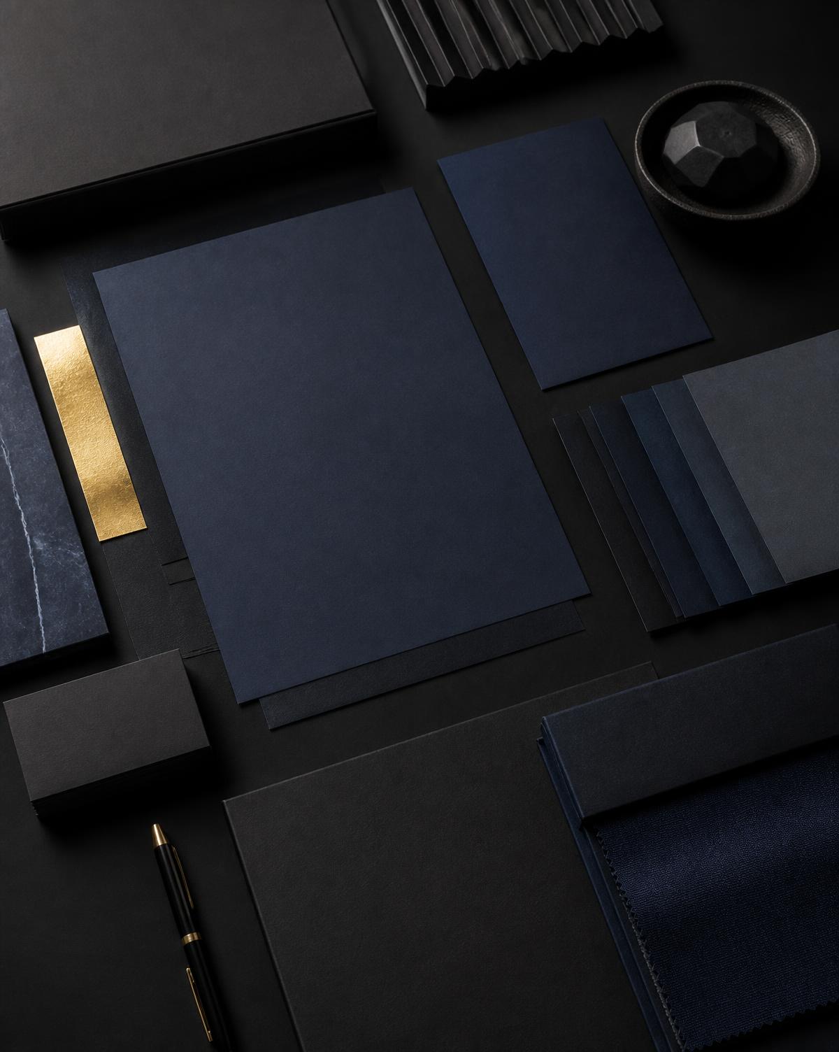 Premium brand identity collateral in navy, black, and gold on a studio desk
