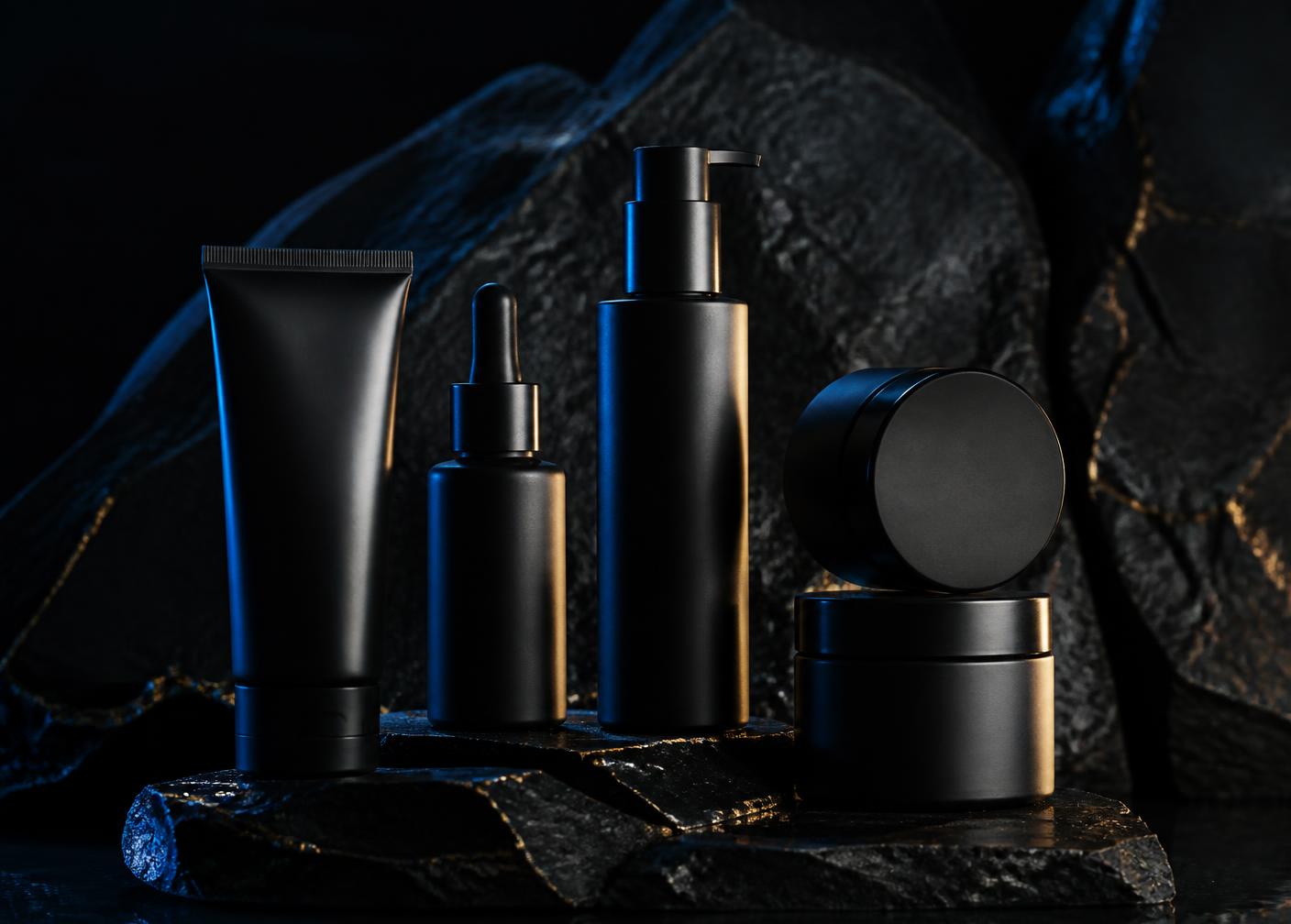 Matte black unbranded skincare bottles lit with blue and gold light