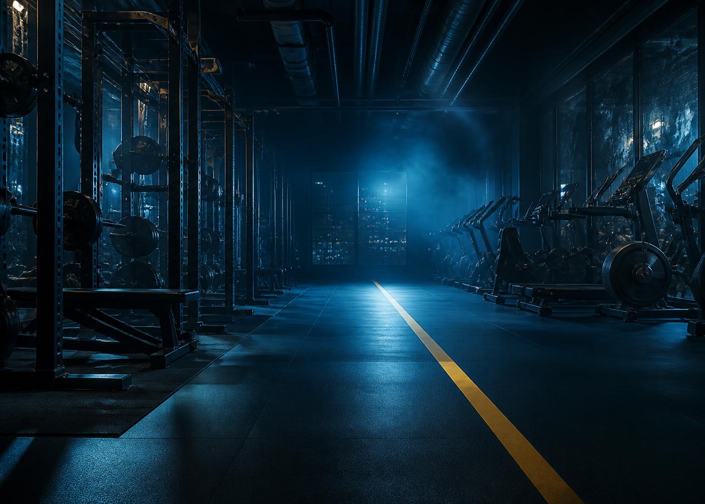 Dark fitness studio at night lit in blue with a gold floor line